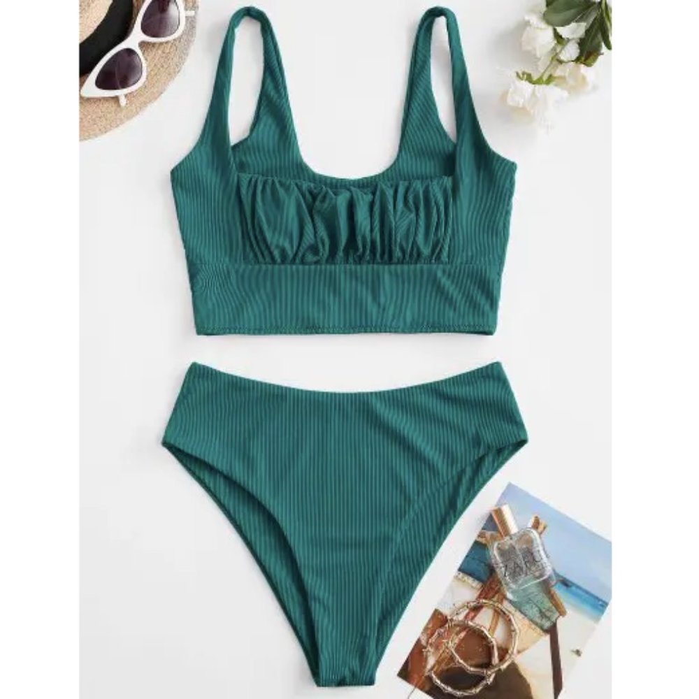 ZAFUL🌺 Square Ribbed Ruched Tankini Swimwear Greenish Blue👙XL